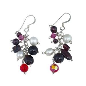 Red Garnet White Pearl Glass Beaded Vintage Sterling Silver 925 Dangle Earrings